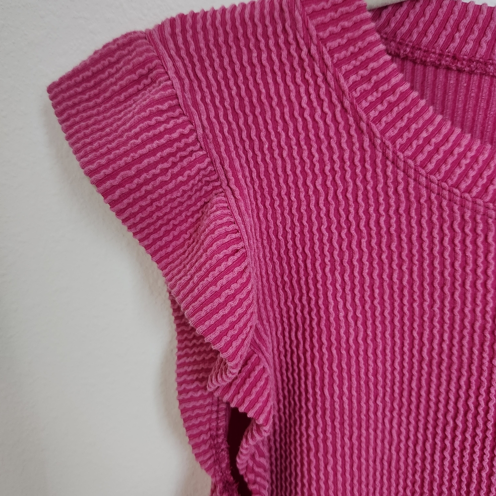 Bright Pink Ribbed Ruffle Sleeve Cropped Knit Top - Picture 2 of 7